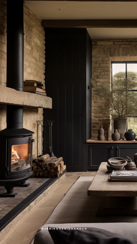 Cotswolds Fireplace - J. Reiko Design + Co. Farmhouse Kitchen With Fireplace, Cotswolds Fireplace, Cotswolds Decor, Modern Fireplaces Ideas, Accent Wall Fireplace, Stone Living Room, Best Greige Paint, Best Greige, House With Land