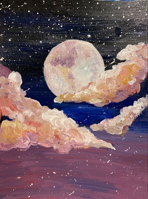 Crescent Moon Art Paintings, Oil Painting Moon Night Skies, Moon Space Painting, Colorful Moon Painting, Cresent Moon Paintings, Moon Painting Aesthetic Easy, Night Time Sky Painting, Moon Canvas Painting Ideas, Dream Like Paintings