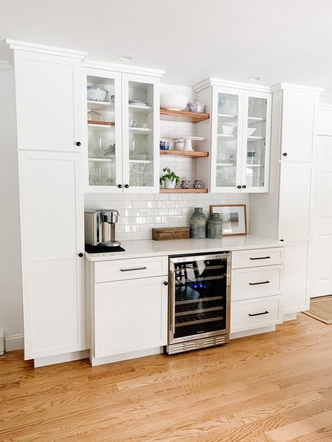 Pantry And Wet Bar, Kitchen Flooring Different From Living Room, Pantry In Dining Room Built Ins, Built In Shelving Kitchen, Kitchen Entertainment Area, Coffee Bar Open Shelving, Buffet Bar Ideas Dining Rooms, Open Butlers Pantry, Dinning Room Buffet Cabinet