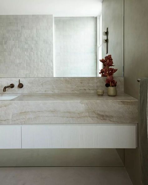 The Local Project | Project Feature • The pursuit of harmony guided the design philosophy for Equanimity. @mckarchitects and @atelieralwill soften the existing… | Instagram Taj Mahal Bathroom, Taj Mahal Quartzite, Wall Bench, Stone Vanity, Stone Bathroom, Front Rooms, The Local Project, Interior Renovation, Brown Tones