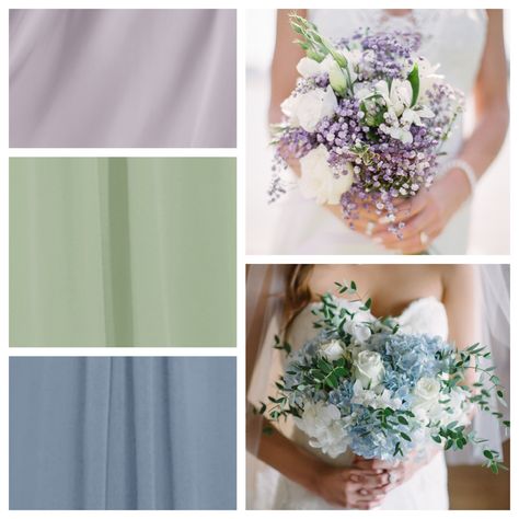 THESE ARE THE EXACT COLORS I WANT!!!! Sage green, dusty blue, lavender. Sage Green Purple Blue Wedding, Blue Purple And Green Wedding Colors, Lilac Blue And Green Wedding, Lavender Blue And Green Wedding, Lavender And Sage Color Scheme, Sage Green And Lavender Wedding Colors, Lavender Sage Wedding Color Palettes, Sage Purple Wedding, Lilac Purple And Sage Green Wedding