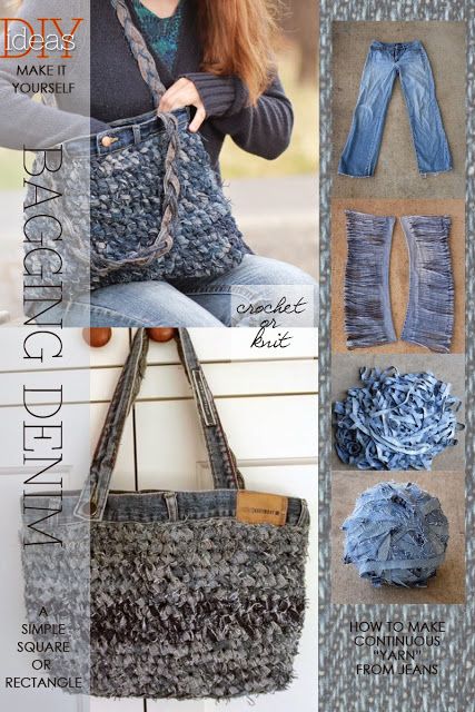 Crochet or knit denim bags from old jeans - Making your own yarn from recycled materials or clothing is a great way to DIY your wardrobe. Återvinna Jeans, Artisanats Denim, Modern Haken, Bag From Old Jeans, Sac Diy, Denim Bags, Knit Denim, Denim Crafts, Crochet Bags Purses