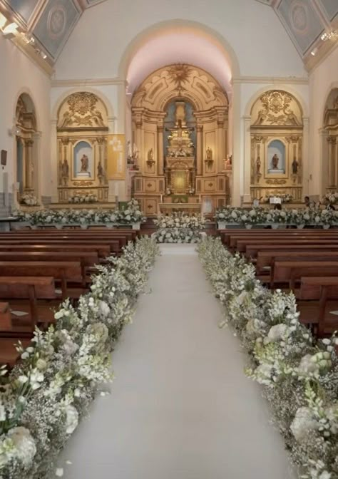 Chapel Aisle Decor, Holy Matrimony Decoration, Small Church Wedding Decorations, Church Aisle Decorations Wedding, Church Decorations Wedding, Church Wedding Flowers Altar, Wedding Ceremony Church, Church Wedding Decorations Aisle, White Chapel Wedding