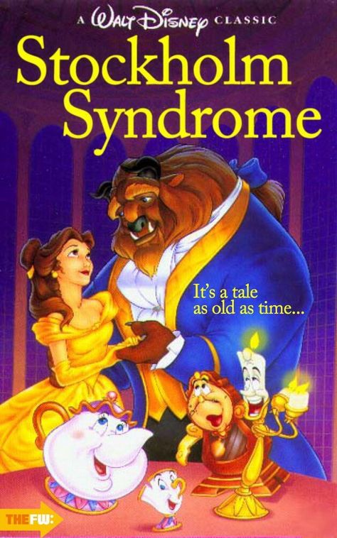 Stockholm Syndrome..  Too funny                                                                                                                            Mehr Childhood Ruined, Disney Poster, Disney Gifs, Beauty And The Beast Theme, Disney Movie Posters, The Beast Movie, Beauty And The Beast Movie, The Beauty And The Beast, Images Disney