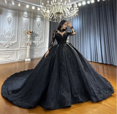 Luxury Glitters Wedding Dresses Black Long Sleeves V Neck Tulle Bridal Gowns  | eBay Princess Black Wedding Dresses, Black Ball Gowns Elegant, Unique Wedding Gowns Black, Black Ball Gown Plus Size, Long Black Wedding Dress, Black And Purple Wedding Dress Gothic, Ethereal Black Wedding Dress, Black Princess Wedding Dress, Romantic Gothic Wedding Dress