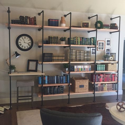 Industrial bookshelves. Black iron and wood Diy Industrial Bookshelf, Industrial Bookshelves, Bookshelf Diy, Bookshelf Door, Diy Bookshelf, Industrial Bookshelf, Industrial Home Design, Regal Design, Industrial Interior Design