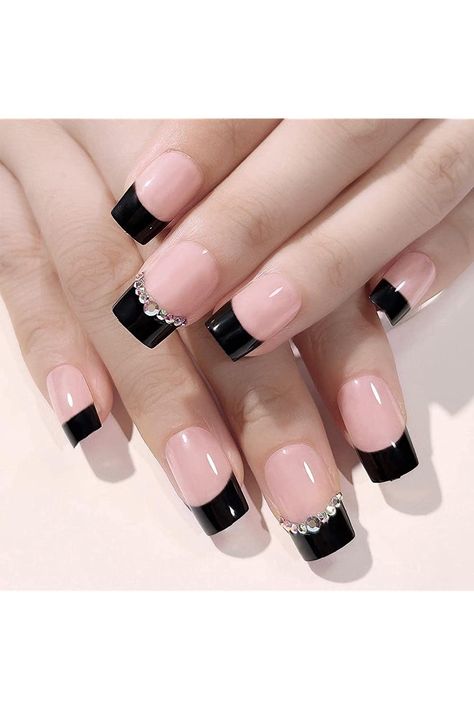 Enppode Black Fake Nails French Tip Press on Nails Medium Length Stick on Nails Square Nails for Women 24 PC/Set Bandana Nails, Black French Nails, Deluxe Nails, Aura Nails, Square Nail Designs, Fancy Nails Designs, Nail Patterns, Nail Length, Stick On Nails