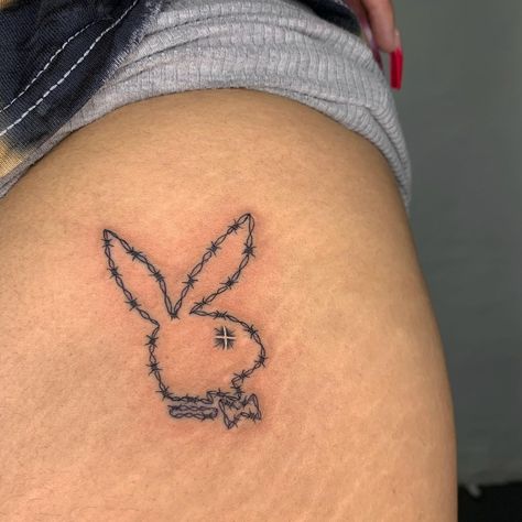 Cute But Physco Tattoo, Playboy Bunny Tattoo Hip, Playboy Bunny Tattoo, Playboy Tattoo, Self Made Tattoo, Barbed Wire Tattoos, Girl Neck Tattoos, Gangsta Tattoos, Bunny Tattoos