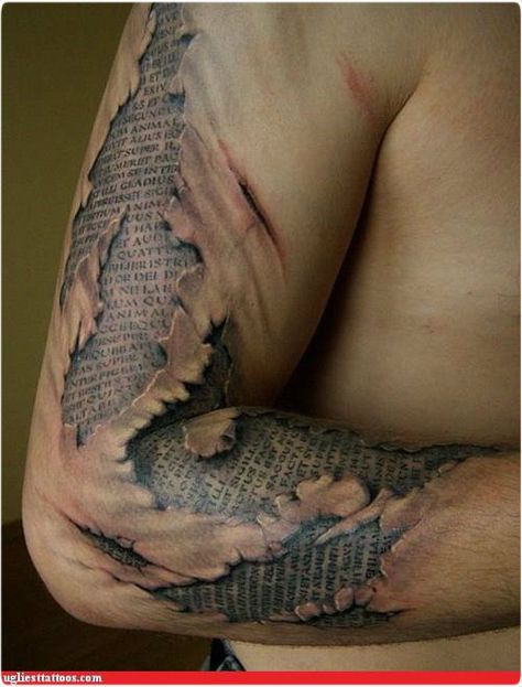 Ripped Skin Tattoo, Tato 3d, Tatoo 3d, Amazing 3d Tattoos, Hyper Realistic Tattoo, Optical Illusion Tattoo, Tato Lengan, Text Tattoo, Weird Tattoos