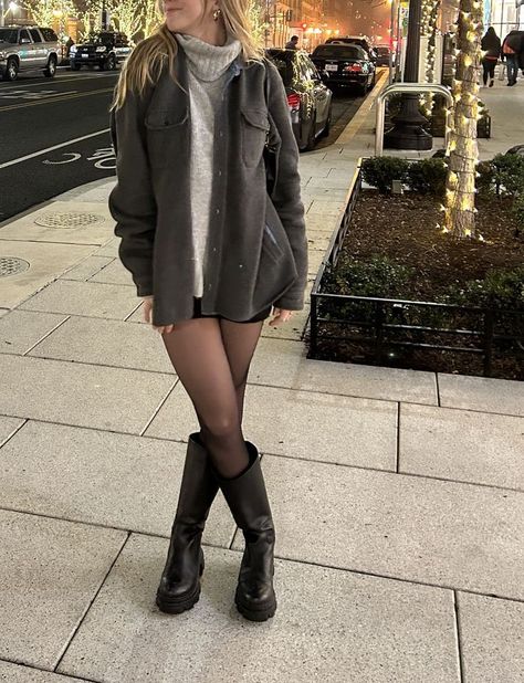 @mscarvaci Mini Sweater Dress With Boots, Boots Tights Skirt, Knee High Steve Madden Boots, Mini Skirt With Tights Outfit Winter, Turtleneck Mini Skirt Outfit, Turtleneck Sweater With Skirt, Knee High Boot Outfits Fall, Black Mini Skirt Knee High Boots, Steve Madden Chunky Boots Outfit