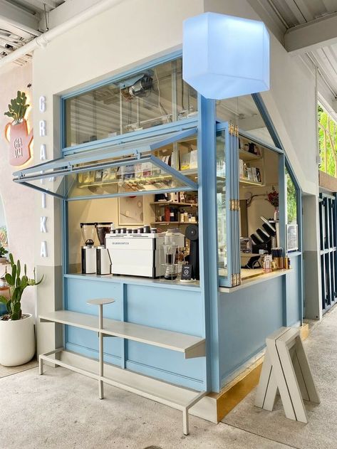 Blue Coffee Shop Aesthetic, Cafe Interior Design Small, Blue Coffee Shop, Mini Cafe, Blue Cafe, Container Cafe, Coffee Stand, Small Coffee Shop, Small Cafe Design