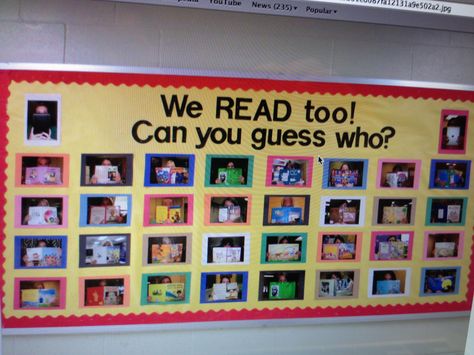 "guess Who" reading board School Library Bulletin Boards, Reading Display, School Library Displays, Library Bulletin Board, Reading Bulletin Boards, Middle School Libraries, Family Literacy, Library Book Displays, Elementary School Library