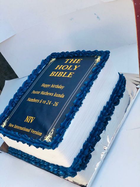 Blue King James Bible cake by Penny's Eats & Treats Cakes For Pastors, Bible Cakes Ideas, Book Design Cake, Pastor Cake Design, Bible Cake Design Ideas, Pastor Cake Ideas, Bible Cake Birthday, Bible Cake Ideas For Pastor, Pastor Birthday Cake