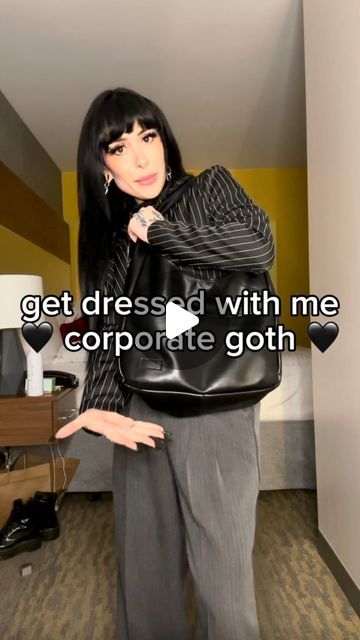 ✯ 𝕸𝖆𝖗𝖘 ✯ on Instagram: "Another lil get dressed with me - corporate goth edition! i know the pants aren’t black, don’t be alarmed !!! thank u all so much for the love on these lil videos, i was so nervous to start doing them 😇 more get dressed with me videos to come! THANKS FOR WATCHING 🖤 outfit details: @disturbia trousers @asos long sleeve @princesspollyboutique penny loafers @lovetootrue blazer @etahlove @bloodymarymetal @loxandchain rings @askemblastore hangers @lemonstraps watch strap Bag is from Amazon! @kissproducts drenched lashes in you dew you" Loafers With Dress Pants, Goth Loafer Outfit, Platform Loafers Outfit Dress Work, Gender Neutral Formal Wear, Grunge Work Outfit Corporate Goth, Goth Loafers, Grey Work Outfit, Goth Corporate Work Outfits, Loafers And Dress Outfit