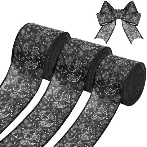 PRICES MAY VARY. 🎀【Paisley pattern Design】The farm ribbon rolls feature a classic black design adorned with traditional Paisley cashew patterns, evoking a sense of rustic charm. Perfect for enhancing western cowboy-themed party decorations, it adds a touch of sophistication and elegance, ensuring your creations stand out with enduring beauty. 🎀【Size】Our 3 roll of bandana paisley ribbon boasts generous dimensions, measuring 1.5"/3.8cm, 2"/5cm, and 2.5"/6.4cm wide by 10 yards long. This ample su Bandana Decorations, Gift Wrapping Wedding, Western Bachelorette, Bachelorette Party Decor, Fall Wedding Color Schemes, Black Bandana, Ribbon Crafts Diy, Ribbon Diy, Wedding Bachelorette Party