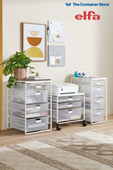 We have Elfa drawer solutions for spaces of all sizes! Shop The Container Store and discover great, customizable ways to organize your office, craft space, or work space. Elfa Office, Closet System With Drawers, Elfa Closet System, Office Cart, Office Craft Space, Elfa Closet, Kitchen Drawer Organizers, Office Drawer, Craft Cart