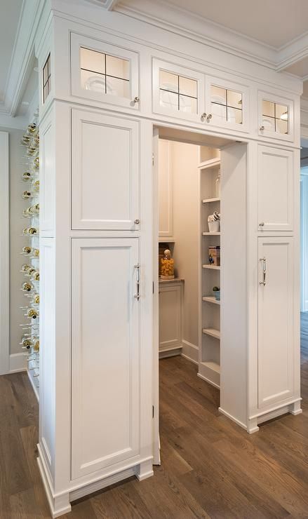 Cabinet Over Doorway, Cabinets Above Doorway, Cabinets Around Doorway, Doorway In Kitchen, Pantry Behind Kitchen Wall, Leaded Glass Cabinets, Rumah Moden, Apartment Hacks, Pantry Room