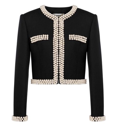 Moschino faux pearl embellished black crop jacket Moschino Blazer, Moschino Jacket, Cropped Black Jacket, Embroidered Text, Pearl Embellishment, Boucle Jacket, City Dress, Twill Weave, Blazer Black