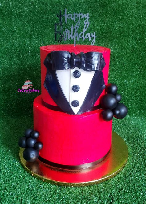 Red & black tuxedo cake Tuxedo Cake, Gold Birthday Cake, Piping Techniques, Red Cake, Gold Party Decorations, Birthday Cakes For Men, Cakes For Men, Black Tuxedo, Gold Party