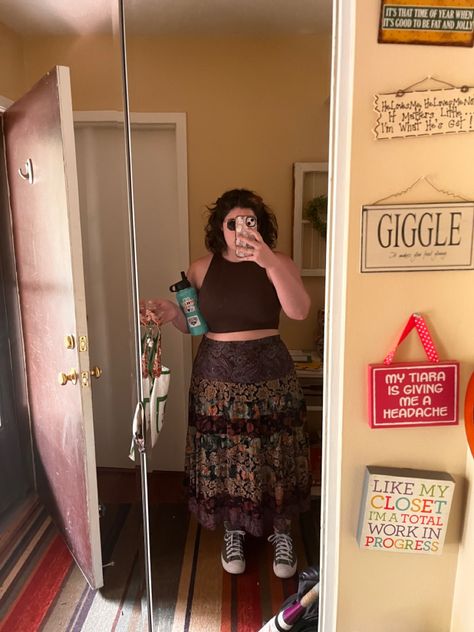 Overalls With Button Down Shirt, Casual Cottagecore Outfits Plus Size, Plus Size Whimsigoth Summer, Boho Grunge Outfits Summer Plus Size, Whimsigoth Summer Outfits Plus Size, Curvy Long Skirt Outfit, Plus Size Fairycore Grunge, Boho Fits Plus Size, Earthy Grunge Outfits Plus Size