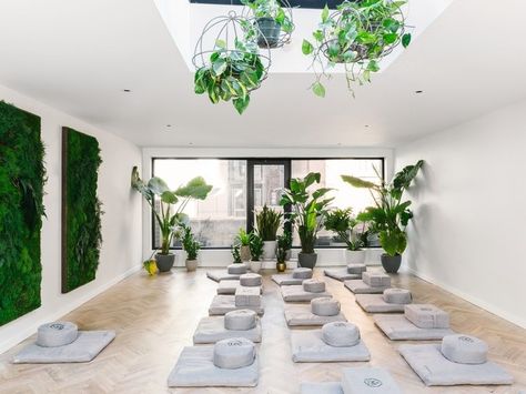 In MNDFL's Upper East Side studio, students sit on cushions that face three panels of vertical gardens | archdigest.com Yoga Studio Interior, Sala Yoga, Meditation Room Design, Yoga Room Design, Yoga Handstand, Meditation Studio, Yoga Studio Design, Wellness Studio, Meditation Rooms