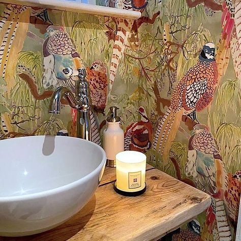 Mulberry Home on Instagram: “#regram A smart use of the colourful Game Birds wallpaper in this powder room from @oldschoolcottageinthecountry. Thank you for the lovely…” Countryside Wallpaper, Country Wallpaper, Birds Wallpaper, Mulberry Home, Game Birds, Bird Wallpaper, Wallpaper Collection, Bathroom Wallpaper, Modern Country