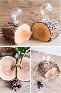 Set of two wood lamps, made out of reclaimed firewood, can be used as matching bedside lamps or as table lamps, goes great with Edison bulbs. A cool way ho Edison Bulb Light Fixtures, Edison Bulb Table Lamp, Wooden Table Diy, Diy Outdoor Lighting, Diy Lampe, Edison Lamp, Edison Bulbs, Bedside Lamps, Diy Holz