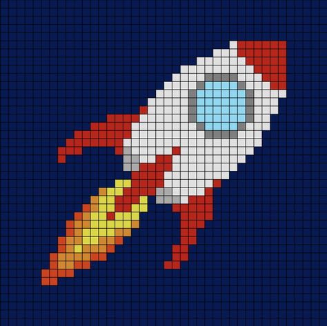 A pixel art template of a rocket launching in space (diagonally). Rocket Ship Cross Stitch Pattern, Outer Space Perler Bead Patterns, Cross Stitch Space, Ufo Pixel Art, Space Pixel Art, Space Cross Stitch Pattern, Crochet Christmas Trees Pattern, Character Blankets, Granny Pattern