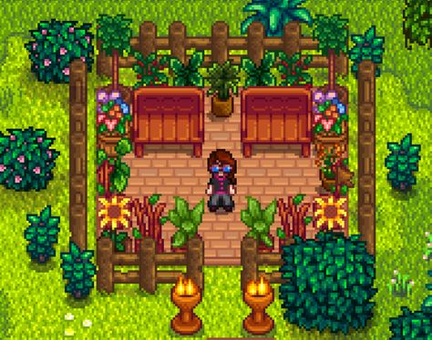 Stardew Valley, Parc, Bench, Resting Area, Community Centre, Exterior Design Quarry Ideas Stardew, Community Centre Stardew Valley, Stardew Valley Golden Clock Design, Stardew Valley Linus Decoration, Stardew Valley Grange Display, Stardew Valley Exterior Design, Stardew Valley Farm Decoration Ideas, Stardew Valley Village Decoration, Stardew Valley Build Ideas