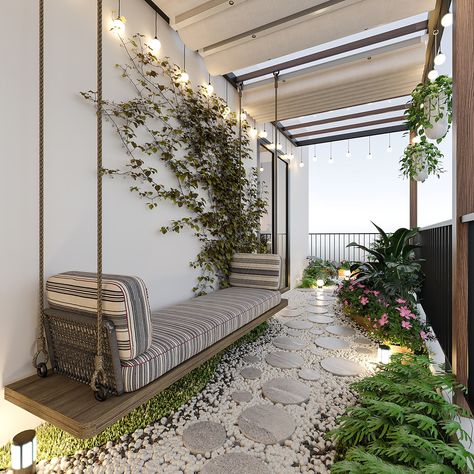 Deck Balcony Ideas, Japandi Style Balcony, Terrace Garden Ideas Balcony Design, Home Balcony Design, Balcony Flooring Ideas, Balcony Design Exterior, Balcony Landscaping, Zen Balcony, Back Balcony