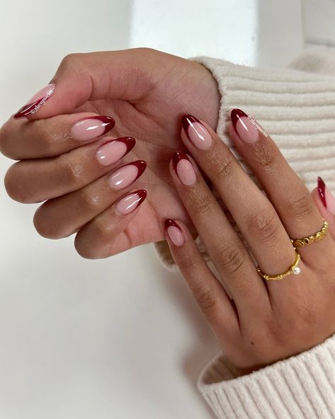 Cherry red 🍒 @glitterbels one more bite ♥️ November Nails Ideas French, Maroon Tip Nails French Manicures, French Nail Cherry, Dark Red Almond French Tip Nails, Red Cherry French Tip Nails, Nail Inspo Red French Tip, Dark Red Chrome French Tip Nails, Red Chrome Tips Nails, Cherry Red Tip Nails