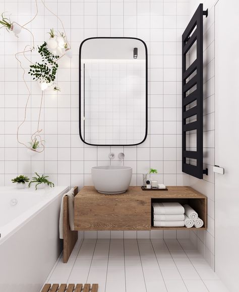 Scandinavian Style Minimalist Bathroom | Monochromatic White Simple Bathroom | Square Subway Tile | Tiny Bathroom Design | Home Inspiration Rustic Modern Bathroom, Dekorere Bad, Minimalist Dekor, Modern Bathroom Mirrors, Scandinavian Style Home, Scandinavian Bathroom, Bad Inspiration, Interior Minimalista, Scandinavian Interior Design