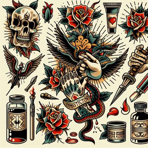 I will create illustration traditional tattoo or old school design Traditional Forest Tattoo, Traditional Flash Tattoo Ideas, Flash Tattoo Ideas, Traditional Flash Tattoo, Create Illustration, Old School Design, Illustration Traditional, Forest Tattoo, Flash Sheets