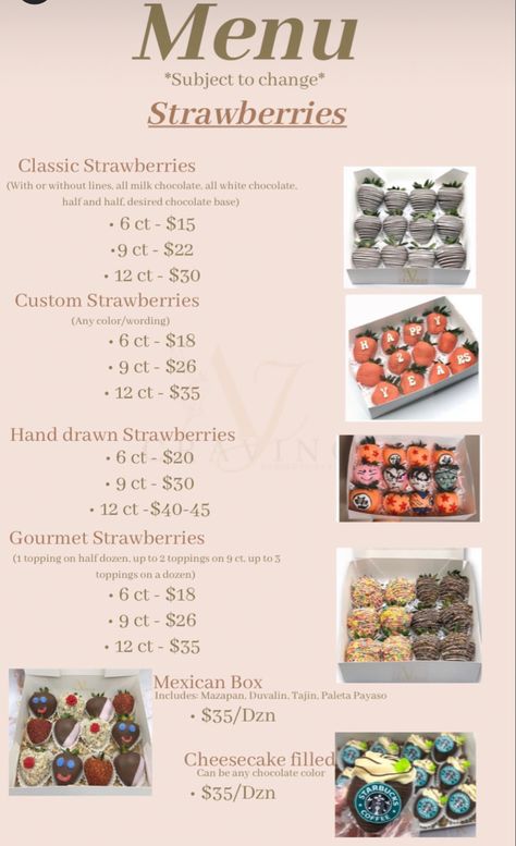 Desserts Small Business, Sweet Treats Price List, Congrats Chocolate Covered Strawberries, Chocolate Covered Strawberry Gift Boxes, How To Start A Sweet Treat Business, Cute Dessert Packaging Ideas, Classic Chocolate Covered Strawberries, Baked Treats To Sell, Chocolate Covered Strawberries Menu Ideas