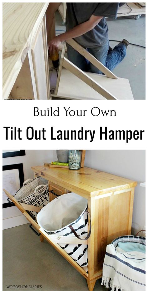 Hide your laundry in this stylish cabinet with easy tilt out doors!  It looks like a cabinet or dresser on the outside, but the two tilt out doors provide two locations to store dirty laundry and the middle door opens up for supply storage.  Check out the free building plans to make your own! Tilt Laundry Hamper Diy, Laundry Hamper Cabinet Diy, Hamper Dresser Diy, Murphy Door Laundry Hamper, Dresser To Storage Cabinet, Build Laundry Cabinets, Diy Hidden Laundry Hamper, Diy Laundry Hamper Ideas, Hamper Dresser