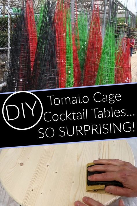 Such a fun way to create cocktail tables, using tomato cages. You can use these tables outside for a garden party of barbecue! Great idea for home decor & garden decor. It's repurposed & functional! #howto #diy #diys #craft #crafts #crafting #handmade #homedecor #decor #makeover #makeovers #redo #repurpose #reuse #recycle #recycling #upcycle #upcycling #unique #furniture #furnituremakeover #furnitureredo #thrifting #thriftstore #garden  #gardening #gardenideas #gardenart #cocktail | sponsored Diy Cocktail Table Outdoor Parties, How To Make A Cocktail Table, Diy Cocktail Table Cheap, Diy Drink Table, Diy Tomato Cage, Diy Cocktail Table, Diy Cocktail Bar, Outdoor Cocktail Tables, Patio Furniture Makeover