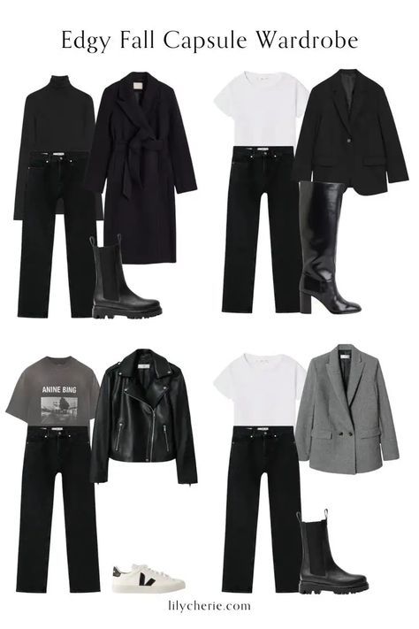 2024 Capsule Wardrobe Guide: Seasonal Essentials & Chic Styles Edgy Fall Nails, Edgy Capsule Wardrobe, Black Capsule Wardrobe, Edgy Fall Outfits, Minimalist Wardrobe Capsule, Minimalist Moda, Black Wardrobe, Capsule Wardrobe Essentials, Look Formal