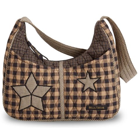 PRICES MAY VARY. COUNTRY AMERICANA: Primitive patchwork stars dance atop black, tan and charcoal grey quilted cotton plaid and check fabrics in Farmhouse Star, our traditional primitive American design. SIZED JUST RIGHT: Not too big and not too small, the Blakely quilted purse measures 11" wide, 9.5” high at the sides (7" in the middle), and 4" deep. It’s the perfect size hobo-style pocketbook to carry everything you need, and the secure top zipper closure keeps your belongings safe inside. PLEN Fabric Handbags, Country Fashion, Americana Fashion, Navy And Khaki, Quilted Purses, Hobo Style, Hobo Shoulder Bag, Patchwork Bags, Dark Tan