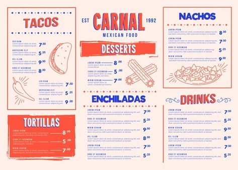 Taco Menu Design, Catering Menu Design, Mexican Food Menu, Tacos Menu, Menu Burger, Kids Restaurants, Menu Design Inspiration, Mexican Menu, Visuell Identitet