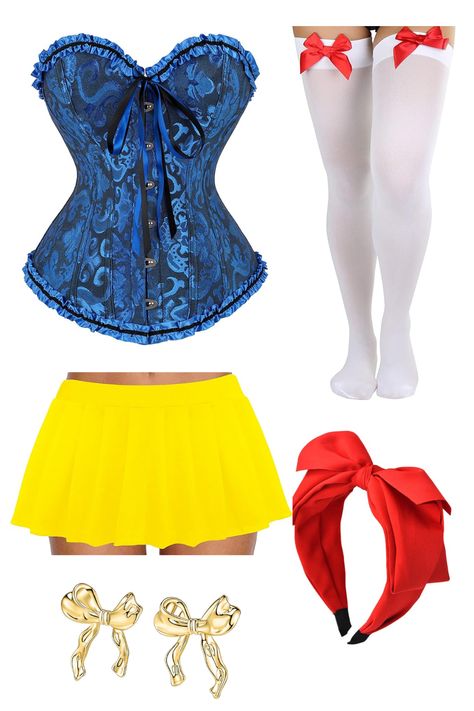 blue corset, yellow mini skirt, bow earrings, red hair bow, white knee high socks with red bow Snow White Halloween, White Halloween Costume, Halloween Ideias, Disney Princess Halloween Costumes, Snow White Halloween Costume, Classy Halloween Costumes, Snow White Costume, Fairy Halloween Costumes, Princess Halloween Costume