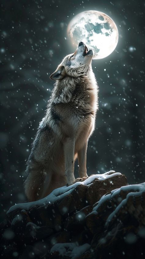 Wolf Howling Moonlight: A solitary wolf stands atop a snowy rock, howling at the full moon on a serene night. #wolf #moon #snow #howling #night #winter #wildlife #nature #aiart #aiphoto #stockcake https://ayr.app/l/sPjA Wolf Life, Wolf Photography, Wolf Images, Wolf Photos, Wolf Spirit Animal, Wolf Wallpaper, Wolf Drawing, Wolf Pictures, Wolf Spirit