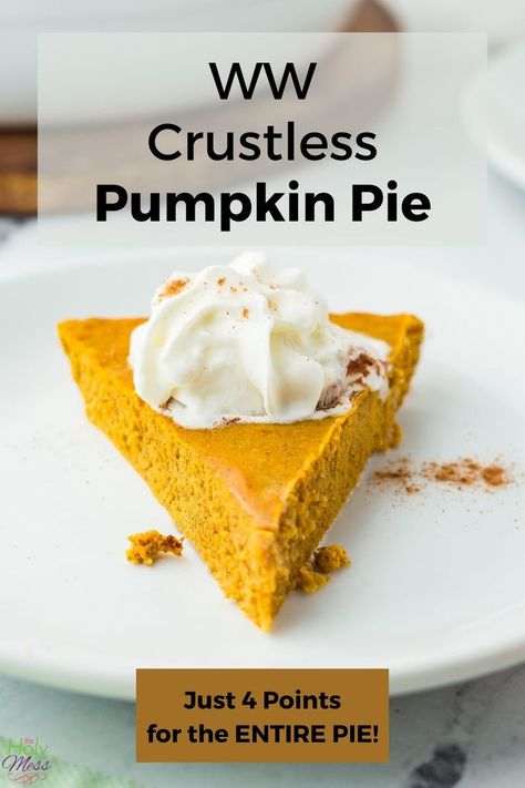 WW pumpkin pie 1 point with cool whip Ww Crustless Pumpkin Pie, Crustless Pumpkin Pie Recipe, Low Calorie Pumpkin, Weight Watchers Pumpkin, Pound Dropper, Weight Watcher Desserts, Crustless Pumpkin Pie, Weight Watchers Meal Plans, Weight Watchers Recipes Desserts