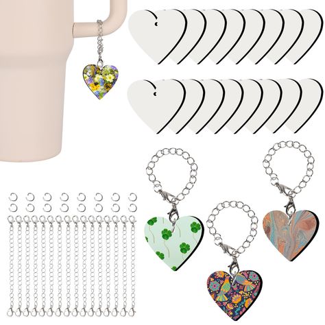 PRICES MAY VARY. 【Portable Size】:Charm round-3*3cm；heart-3.5*3.65cm；Rectangle 2.4*4.7cm, thickness is 0.1 inch/ 0.3 cm. Sublimation charm accessories chain ring diameter is about 0.3 inches / 0.76 cm, chain length is 4 inches / 10 cm, perfectly compatible with Stanley Cup, fits most mugs with handles, and can also be hung on bags, keys, pet collars, and any other places that can be decorated. 【Material High Quality】: The sublimation charms is made of high quality MDF material, the chain and jump Tumbler Charms, Sublimation Keychains, Diy Crafts Gift, Cup Charms, Charm Accessories, Cup Sublimation, Brand Purpose, Sublimation Ideas, Sublimation Blanks