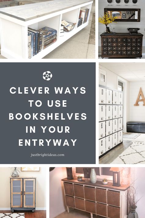 Entryway Ideas With Bookshelf, Repurposed Bookcase Ideas, Bookcase In Entryway, Bookshelf In Entryway, Repurposed Bookshelf Ideas, Bookshelf Entryway Ideas, Entryway Bookshelf Ideas, Repurpose Bookshelf Ideas, Entryway Bookshelf