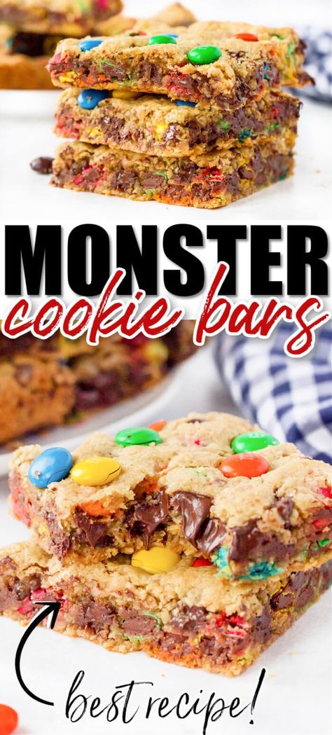 EASY MONSTER COOKIE BARS RECIPE Monster Bars Recipe With Oatmeal, Shareable Desserts Parties, Monster Cookie Bars Recipe, Shareable Desserts, Fancy Cooking, Easy Brownie, Monster Cookies Recipe, Peanut Butter Oatmeal Bars, Simple Desserts