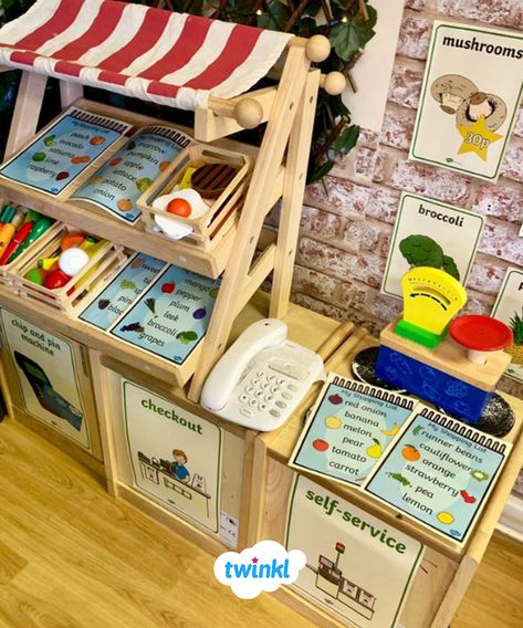 Shop Role Play Area, Supermarket Classroom Ideas, Supermarket Role Play Eyfs, Supermarket Role Play, Farm Shop Role Play Eyfs, Shop Role Play Eyfs, Toy Shop Role Play, Role Play Eyfs, Role Play Areas Eyfs