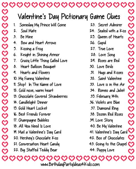 Valentine's Day Pictionary Game Clues - 44 fun and unique Pictionary clues with a Valentine's Day theme.  Fun for classroom and birthday parties!  Full instructions on how to play the game and free printable clues. #valentinesday #game #classroom #kids #birthday #teachers #moms #free #printable http://birthdaypartyideas4kids.com/valentine-pictionary-game.html Valentines Pictionary Game, Valentines Day Pictionary For Kids, Galentines Party Games Free, Valentine’s Day Games For Classroom, Valentine’s Day Games For Adults, Valentine Banquet Ideas Church, Valentine’s Day Games, Valentines Games For Adults, Valentines Day Games For Adults