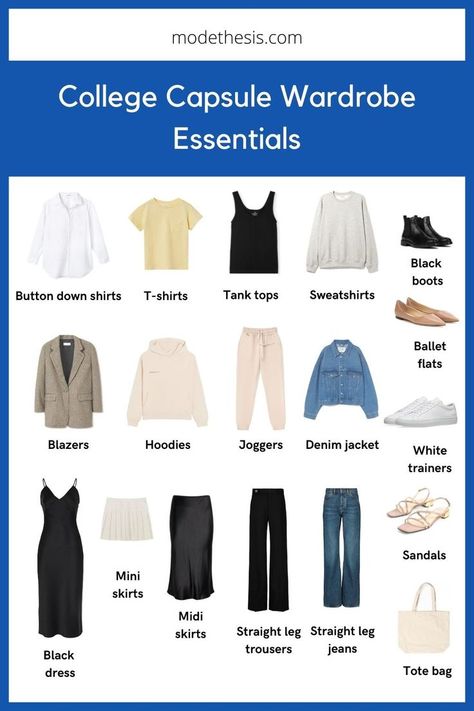 These are the college capsule wardrobe essentials for students. They are versatile and timeless. Most of the items are easy to wear and comfortable. Learn more on how to build your own college capsule wardrobe, the checklist and get inspired with a visual guide for outfit inspirations! College Capsule Wardrobe, Cute Casual College Outfits, College Wardrobe Essentials, College Style Outfits, Uni Fashion, Back To University, Cute College Outfits, College Dress, College Girl Outfits