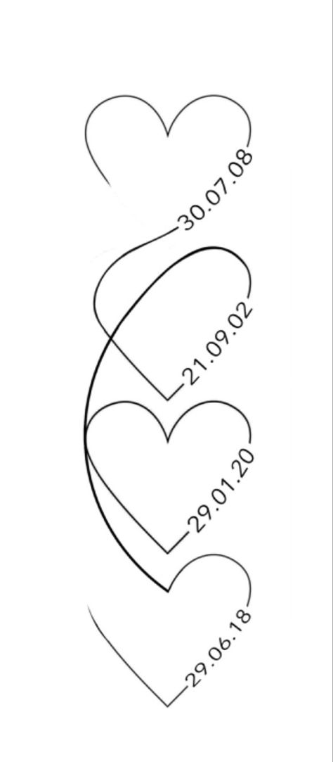 Hearts With Birth Year Tattoo, Heart Locket Tattoo With Names, Heart Tattoos For Family, Heart With Date Of Birth Tattoo, Cute Love Couple Drawings, Heart With D Tattoo, Heart And Year Tattoo, Small Heart Tattoo Drawing, Hearts With Birthday Tattoo