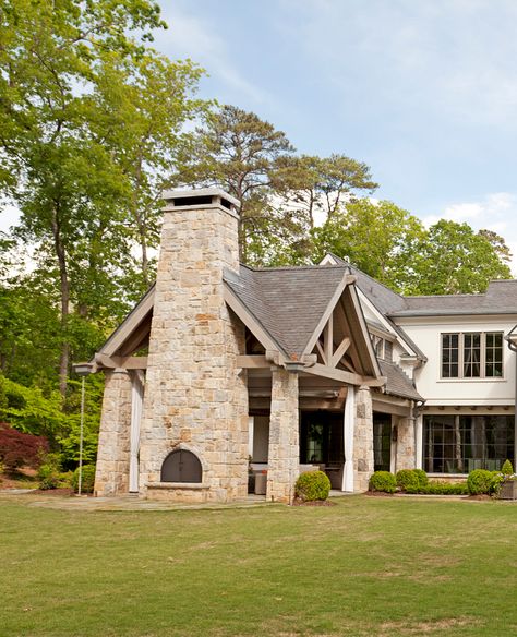 Interior Design Ideas: Atlanta Home Design - Home Bunch Interior Design Ideas Outdoor Living Room With Fireplace, Stone Chimney Exterior, Double Sided Outdoor Fireplace, Lakehouse Fireplace, Cement Pond, Grilling Patio, Outdoor Stone Fireplaces, Yard Remodel, Concrete Stool